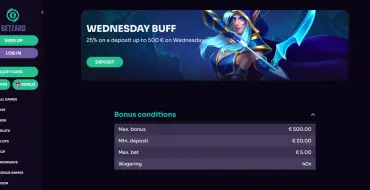 25% up to 500 €/$ every Wednesday at Betzard: Casinò online Betzard