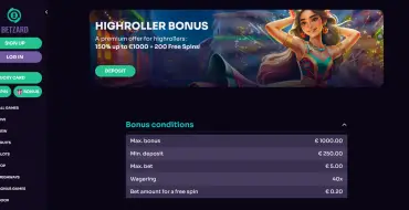 High Roller Bonus 150% up to €/$1000 and 200 FS at Betzard: Casinò online Betzard
