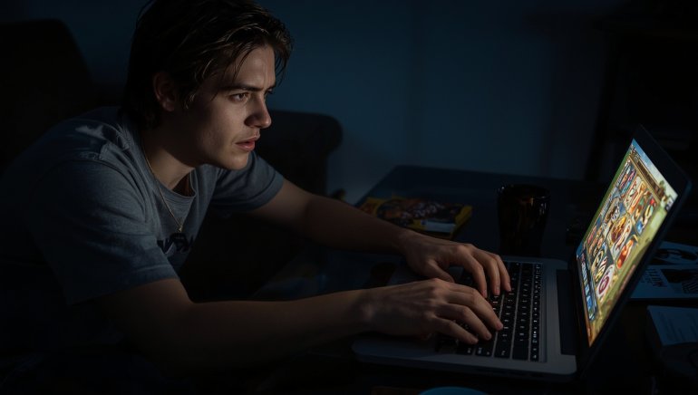 un giocatore d'azzardo problematico al laptop che gioca alle video slot online