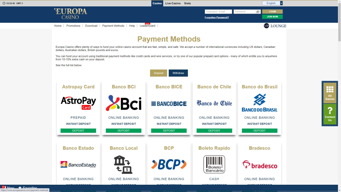 Europa casino metodi di deposito